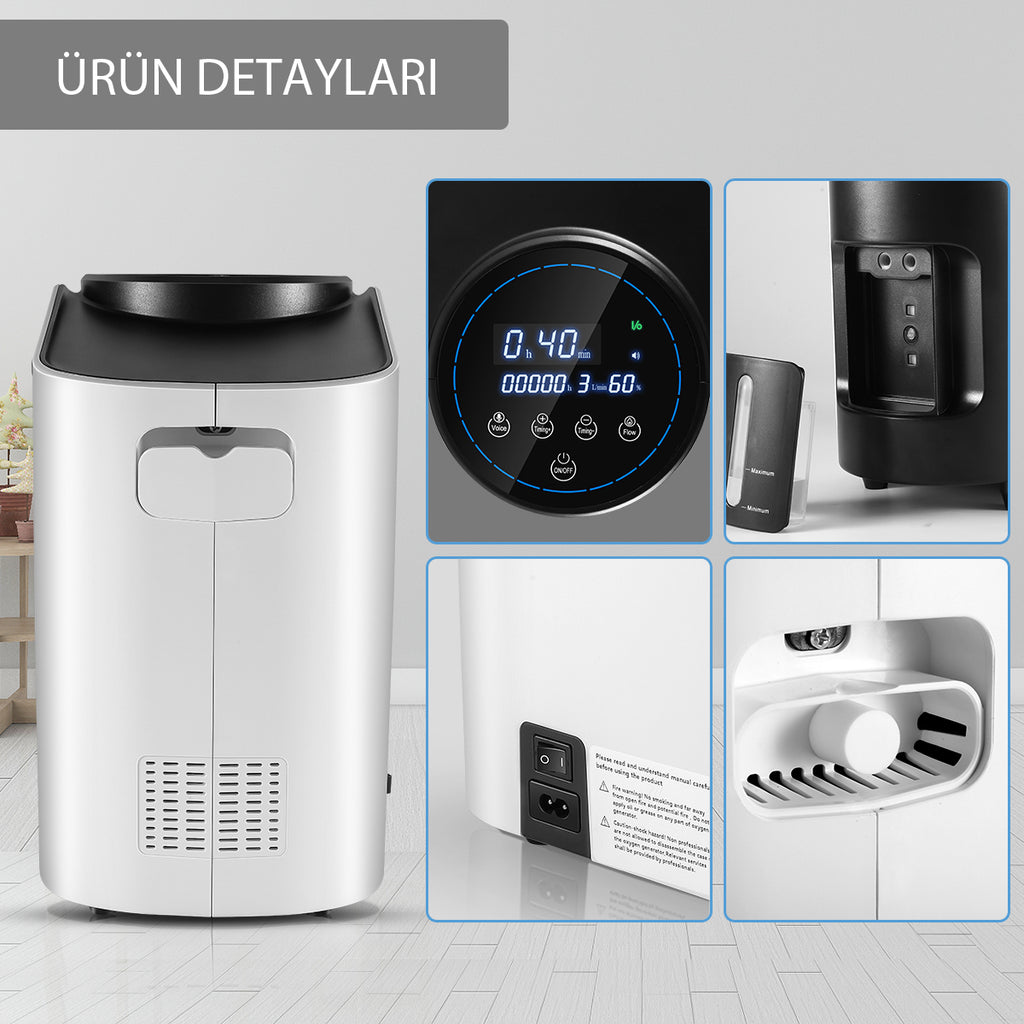 Multifunctional device with various features shown in a collage on a light gray background.