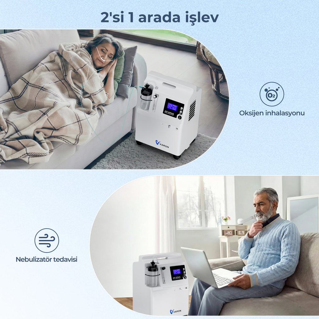 VARON Serene 5L |  Düşük ses seviyesine sahip, 72 saat çalışma süresi sunan, FDA onaylı ev tipi oksijen cihazı.