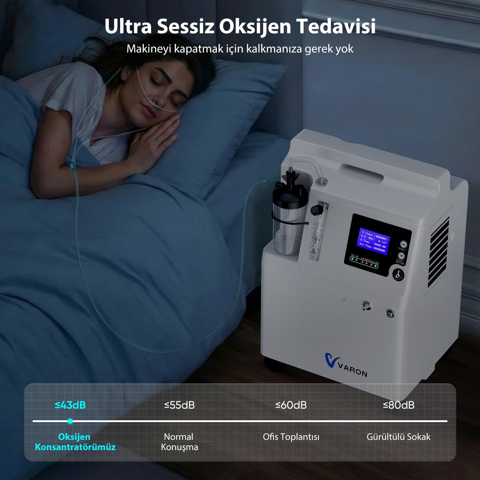 VARON Serene 5L |  Düşük ses seviyesine sahip, 72 saat çalışma süresi sunan, FDA onaylı ev tipi oksijen cihazı.