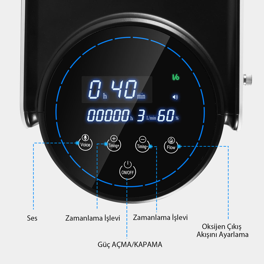Digital display with control buttons on a medical device, showing time and settings.