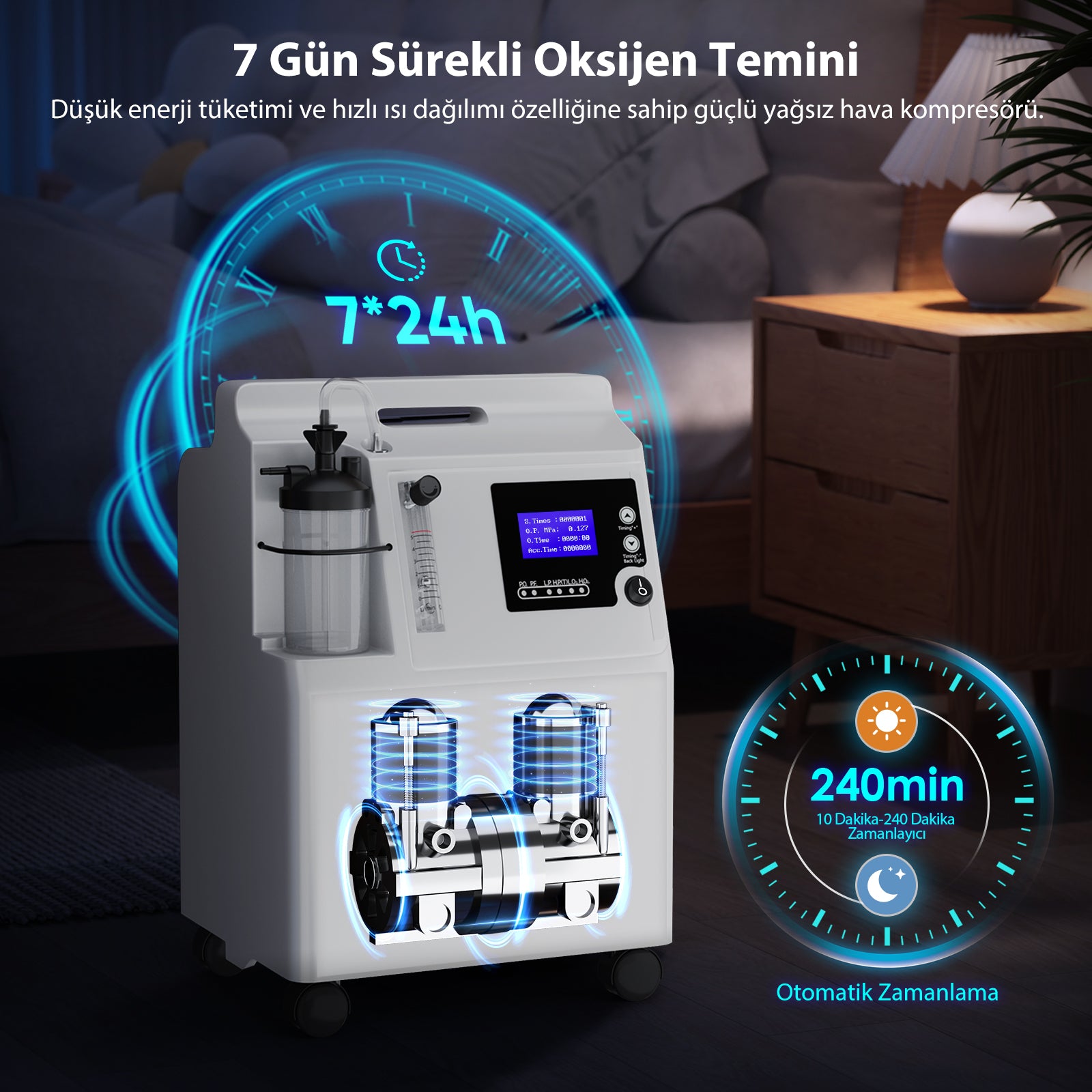 VARON Serene 5L |  Düşük ses seviyesine sahip, 72 saat çalışma süresi sunan, FDA onaylı ev tipi oksijen cihazı.