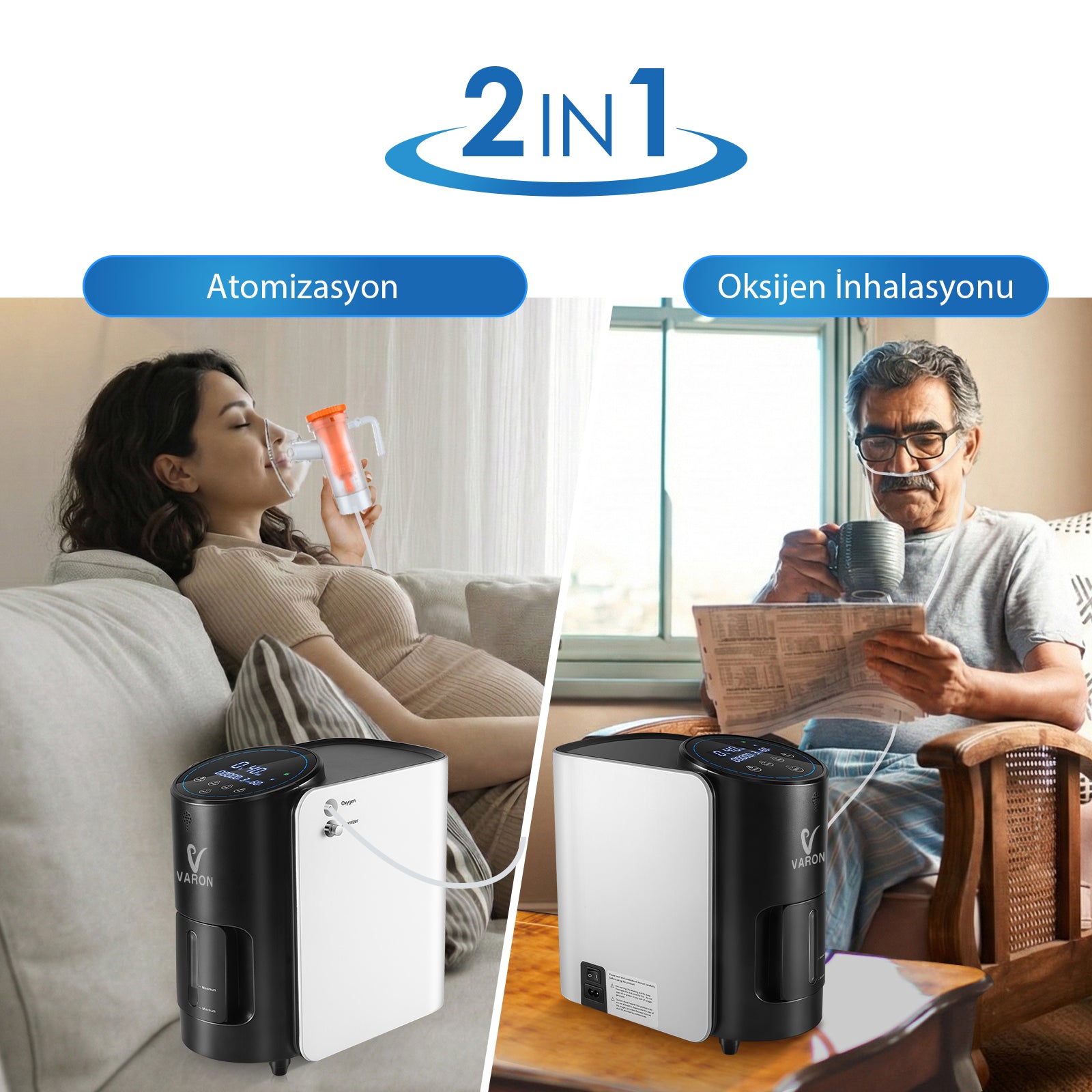 Two people using a 2-in-1 atomization and oxygen inhalation device in a home setting.
