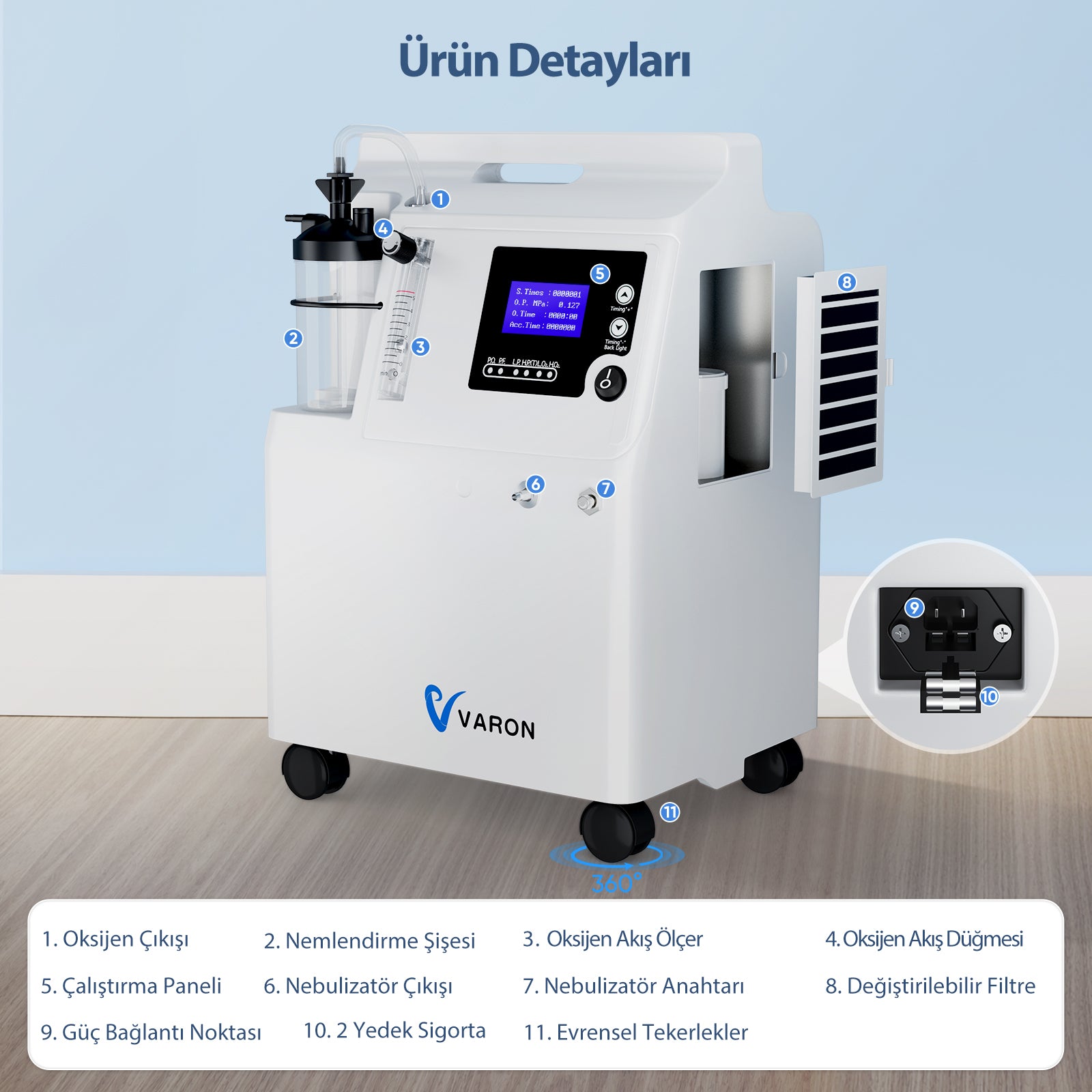 VARON Serene 5L |  Düşük ses seviyesine sahip, 72 saat çalışma süresi sunan, FDA onaylı ev tipi oksijen cihazı.