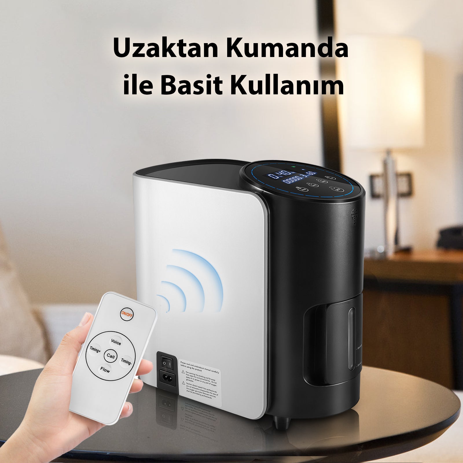 Air purifier with remote control on a table in a room setting