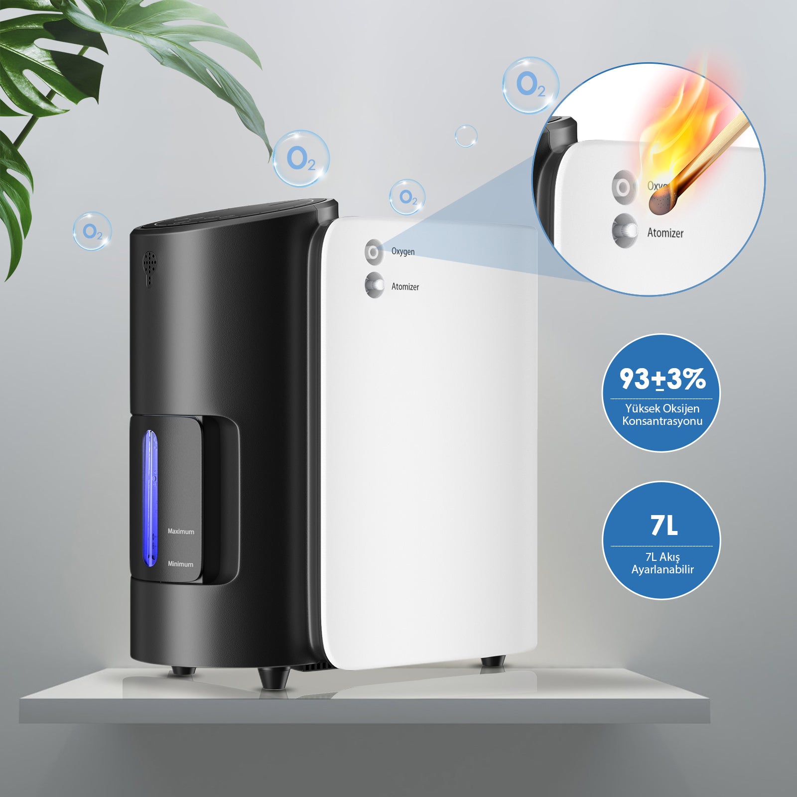 Black and white air purifier with features highlighted on a gray background