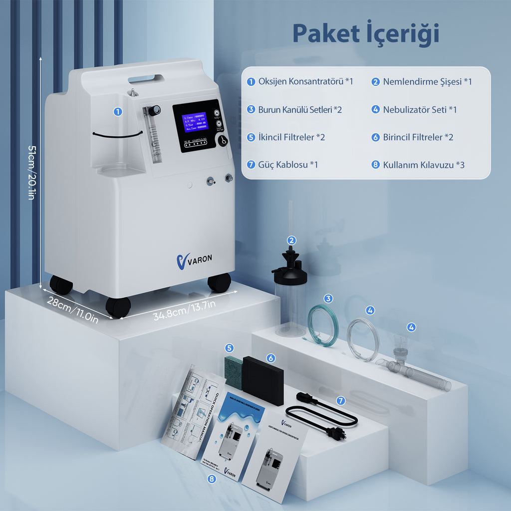 VARON Serene 5L |  Düşük ses seviyesine sahip, 72 saat çalışma süresi sunan, FDA onaylı ev tipi oksijen cihazı.