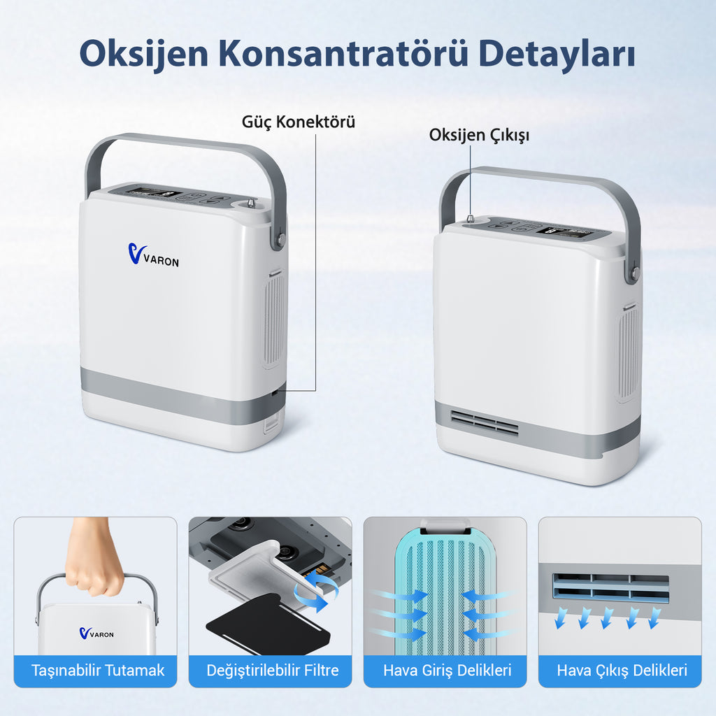 Yeni VARON VP-8G | Darbeli Akışlı Taşınabilir Oksijen Konsantratörü (1-8 ayar seçeneği)